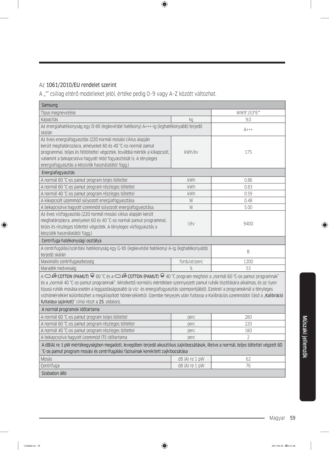 Samsung WW80J5246FW/LE, WW80J5446FX/LE, WW70J5246FW/LE, WW70J5246FX/LE, WW90J5446EW/LE manual Magyar 59  